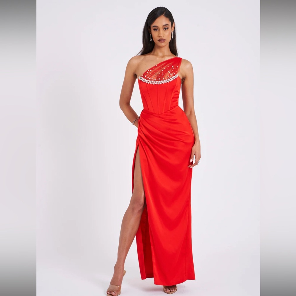 Miss Circle Lora Scarlet Crystal Embellished Mesh Satin Corset Gown